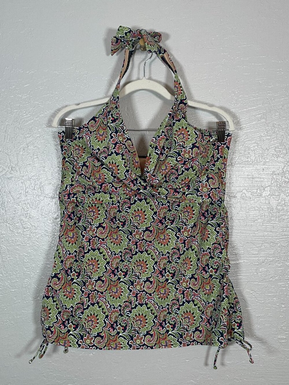 Lands End Women Plus Size 16 Black Green Orange Paisley Tankini Halter Swim Top